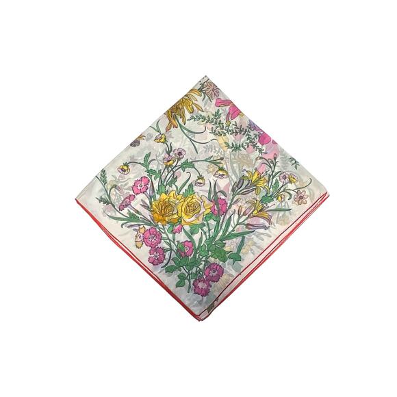 1960s Vibrant Pink & Yellow Blooming Flowers Semi Sheer White Silk Square Scarf - Picture 2 of 7